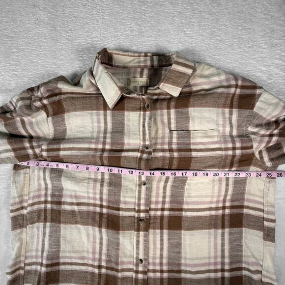 Altar'd State Oversized Brown and Pink Plaid Button-Up Blouse Medium - Picture 7 of 8